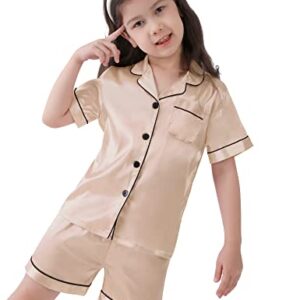 SWOMOG Kids Satin Pajamas Sets Girls Boys Button-Down Pjs Short Sleeve Silk Nightwear 2 Piece Lounge Sets