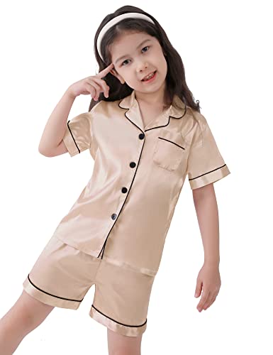 SWOMOG Kids Satin Pajamas Sets Girls Boys Button-Down Pjs Short Sleeve Silk Nightwear 2 Piece Lounge Sets