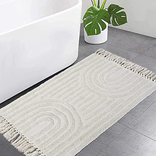 LEEVAN Boho Bathroom [Rug]s 2'x3' Handmade Washable Beige Bath Mat with Tassels Bohemian [Kitchen] Runner Farmhouse Cotton Entryway [Rug] for Bedroom/Laundry Room Accent Woven Throw [Rug]