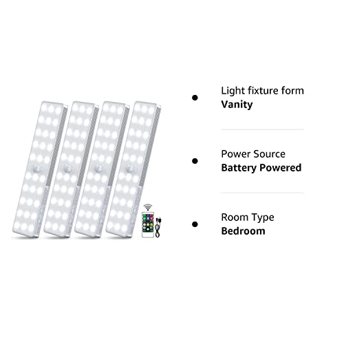 LED Closet Lights, 30 LEDs Rechargeable Dimmable Motion Sensor Light Under Cabinet Lighting with Remote Control Wireless Stick-Anywhere Night Light for Bedroom, Kitchen, Wardrobe, Hallway (4 Pack)