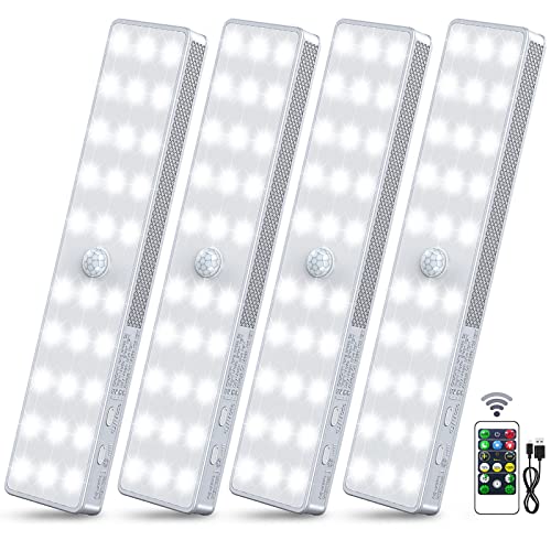 LED Closet Lights, 30 LEDs Rechargeable Dimmable Motion Sensor Light Under Cabinet Lighting with Remote Control Wireless Stick-Anywhere Night Light for Bedroom, Kitchen, Wardrobe, Hallway (4 Pack)