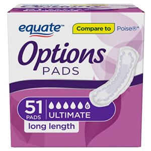 equate options incontinence pads for women, ultimate absorbency, long length, 51 ct (pack of 3 | total of 153 ct)