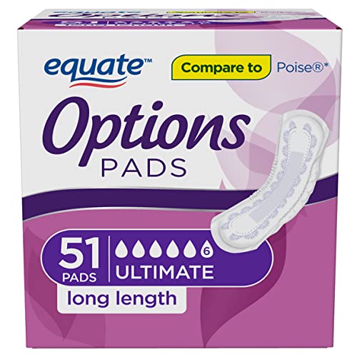 Equate Options Incontinence Pads for Women, Ultimate Absorbency, Long Length, 51 Ct (Pack of 3 | Total of 153 Ct)