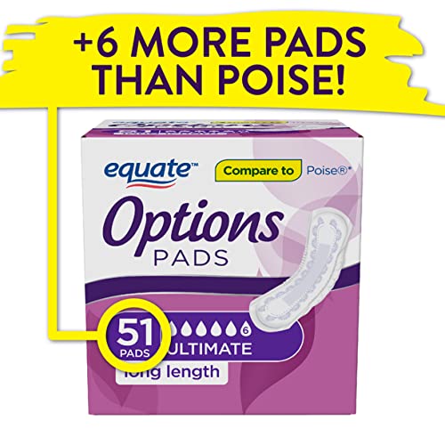 Equate Options Incontinence Pads for Women, Ultimate Absorbency, Long Length, 51 Ct (Pack of 3 | Total of 153 Ct)