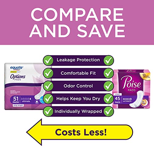 Equate Options Incontinence Pads for Women, Ultimate Absorbency, Long Length, 51 Ct (Pack of 3 | Total of 153 Ct)