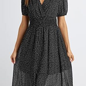 PRETTYGARDEN Casual Summer Dresses for Women Knee Length Polka Dot Floral Printed Short Sleeve Wrap Dress Midi Button Down Dress for Women Wedding Guest (Black, Medium)