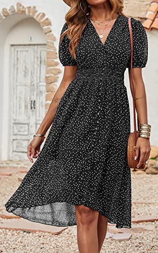 PRETTYGARDEN Casual Summer Dresses for Women Knee Length Polka Dot Floral Printed Short Sleeve Wrap Dress Midi Button Down Dress for Women Wedding Guest (Black, Medium)