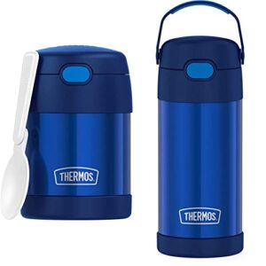 thermos funtainer 12 ounce stainless steel vacuum insulated kids straw bottle, blue & funtainer 10 ounce stainless steel vacuum insulated kids food jar with folding spoon, navy