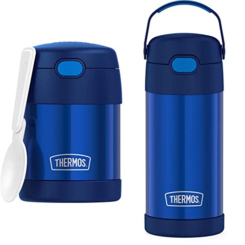 THERMOS FUNTAINER 12 Ounce Stainless Steel Vacuum Insulated Kids Straw Bottle, Blue & FUNTAINER 10 Ounce Stainless Steel Vacuum Insulated Kids Food Jar with Folding Spoon, Navy