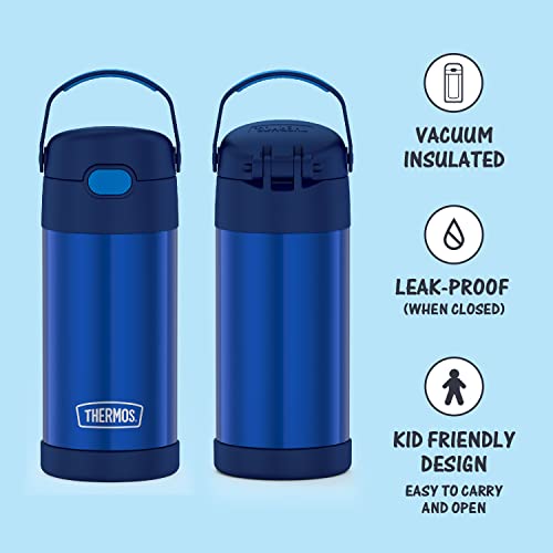 THERMOS FUNTAINER 12 Ounce Stainless Steel Vacuum Insulated Kids Straw Bottle, Blue & FUNTAINER 10 Ounce Stainless Steel Vacuum Insulated Kids Food Jar with Folding Spoon, Navy