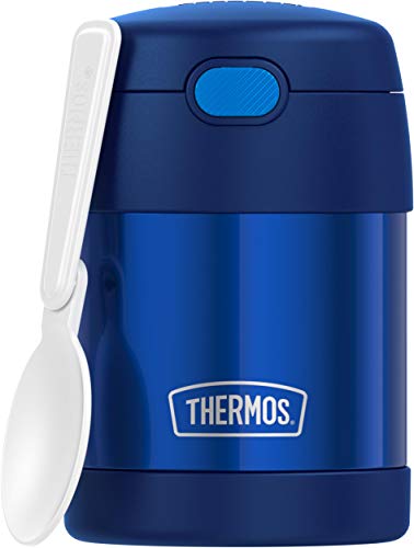 THERMOS FUNTAINER 12 Ounce Stainless Steel Vacuum Insulated Kids Straw Bottle, Blue & FUNTAINER 10 Ounce Stainless Steel Vacuum Insulated Kids Food Jar with Folding Spoon, Navy