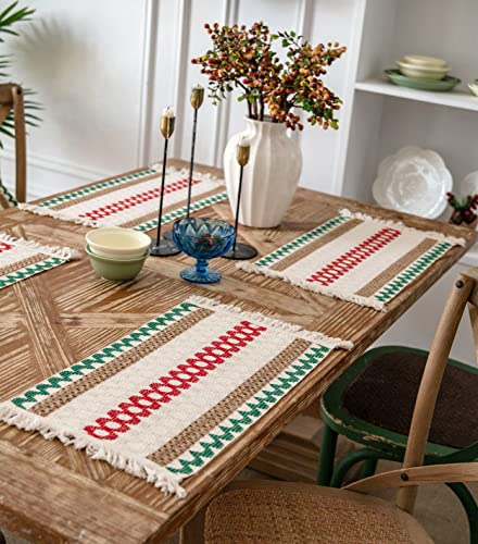 CcHhyyt Set of 4 Handmade Boho Placemat Rectangle Macrame Cotton Table Mats Woven Jute Tassel Placemat Christmas Table Decor Fringe Coffee Mat Kitchen Dining Table Christmas Decor Bohemian Style