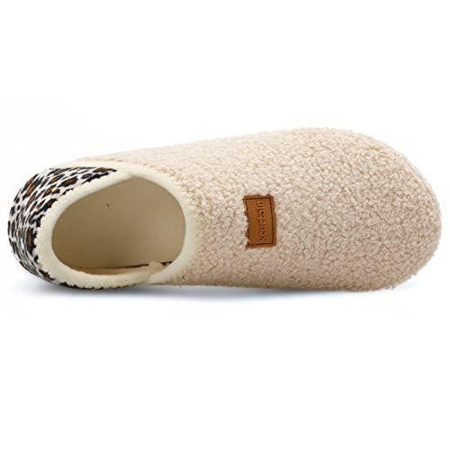 Scurtain Unisex Mens Womens Slippers Socks Artificial Woolen Slippers for Men Women with Non-Slip Rubber Sole Fitkicks Shoes for Women Bedroom Slippers Women Slip on Shoes Beige/Leopard 6-7