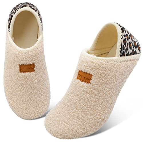 Scurtain Unisex Mens Womens Slippers Socks Artificial Woolen Slippers for Men Women with Non-Slip Rubber Sole Fitkicks Shoes for Women Bedroom Slippers Women Slip on Shoes Beige/Leopard 6-7