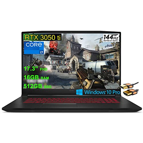 MSI Katana GF76 17 Gaming Laptop 17.3” FHD IPS 144Hz Thin Bezel Display 11th Gen Intel 8-Core i7-11800H 16GB RAM 512GB SSD GeForce RTX 3050 Ti 4GB Backlit USB-C Nahimic Win10Pro Black + HDMI Cable
