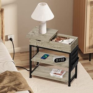 SJIE End Table with Charging Station, Narrow Flip Top Side Table with USB Ports and Outlets,Nightstand for Living Room,Bedroom and Small Spaces,Grey