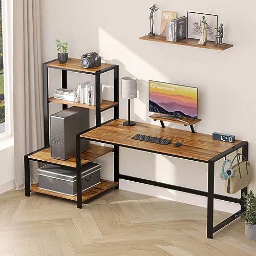 GreenForest Computer Desk 68.8 inch with Storage Printer Shelf Reversible Home Office Desk Large Study Writing Table with Movable Monitor Stand and 2 Headphone Hooks for PC Gaming Working, Walnut