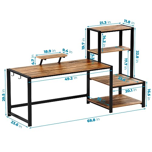 GreenForest Computer Desk 68.8 inch with Storage Printer Shelf Reversible Home Office Desk Large Study Writing Table with Movable Monitor Stand and 2 Headphone Hooks for PC Gaming Working, Walnut