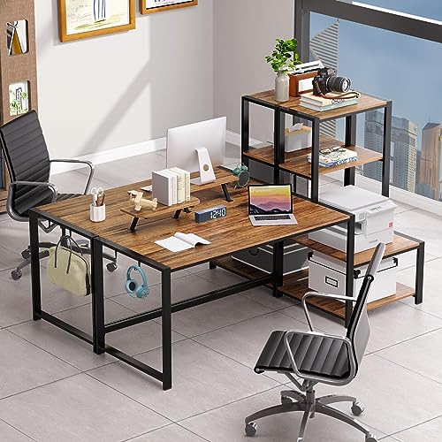 GreenForest Computer Desk 68.8 inch with Storage Printer Shelf Reversible Home Office Desk Large Study Writing Table with Movable Monitor Stand and 2 Headphone Hooks for PC Gaming Working, Walnut