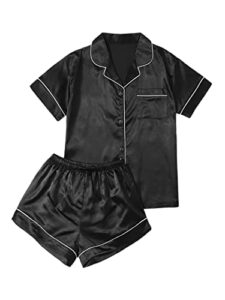 makemechic women's plus size satin button down pajama set silk short sleeve sleepwear black 5xl