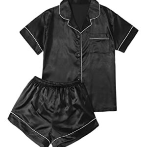 MakeMeChic Women's Plus Size Satin Button Down Pajama Set Silk Short Sleeve Sleepwear Black 5XL