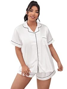 makemechic women's plus size satin button down pajama set silk short sleeve sleepwear white 4xl
