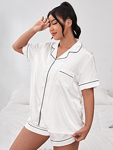 MakeMeChic Women's Plus Size Satin Button Down Pajama Set Silk Short Sleeve Sleepwear White 4XL