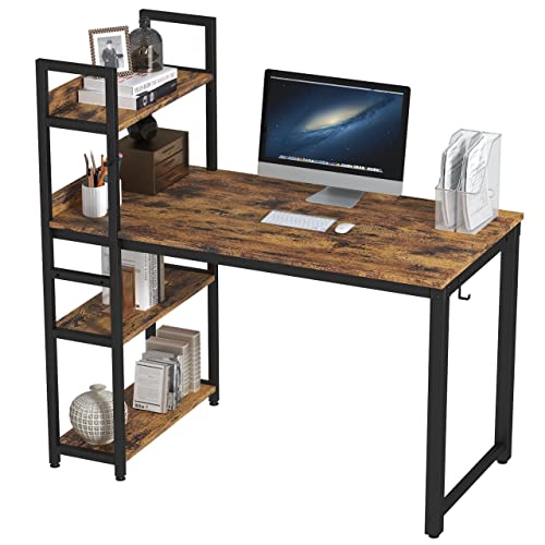 Napnapday 55 inch Computer Desk with Storage Shelves, Home Office Study Writing Table with Bookshelf, Rustic Brown