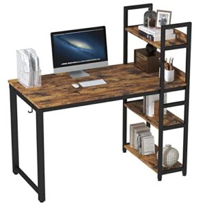 Napnapday 55 inch Computer Desk with Storage Shelves, Home Office Study Writing Table with Bookshelf, Rustic Brown