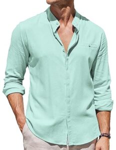 coofandy long sleeve band collar linen button up shirts for men casual button down shirts light green