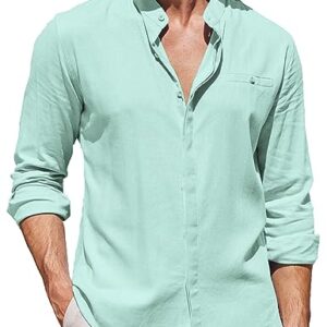 COOFANDY Long Sleeve Band Collar Linen Button Up Shirts for Men Casual Button Down Shirts Light Green