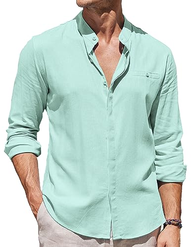 COOFANDY Long Sleeve Band Collar Linen Button Up Shirts for Men Casual Button Down Shirts Light Green