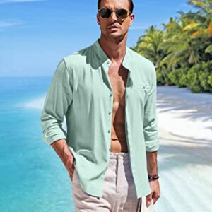 COOFANDY Long Sleeve Band Collar Linen Button Up Shirts for Men Casual Button Down Shirts Light Green