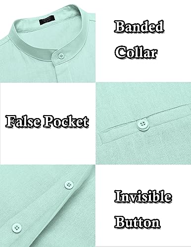 COOFANDY Long Sleeve Band Collar Linen Button Up Shirts for Men Casual Button Down Shirts Light Green