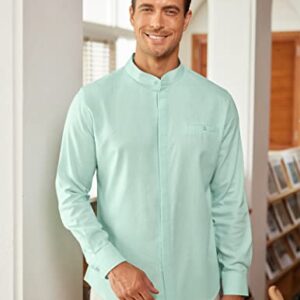 COOFANDY Long Sleeve Band Collar Linen Button Up Shirts for Men Casual Button Down Shirts Light Green