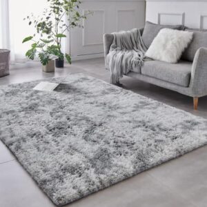 TABAYON Shag Area Rug, 4' x 6' Tie-Dyed Light Grey Indoor Ultra Soft Plush Rugs for Living Room, Non-Skid Nursery Faux Fur Rugs for Kids Room Home Décor