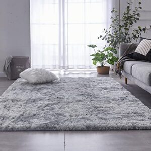 TABAYON Shag Area Rug, 4' x 6' Tie-Dyed Light Grey Indoor Ultra Soft Plush Rugs for Living Room, Non-Skid Nursery Faux Fur Rugs for Kids Room Home Décor