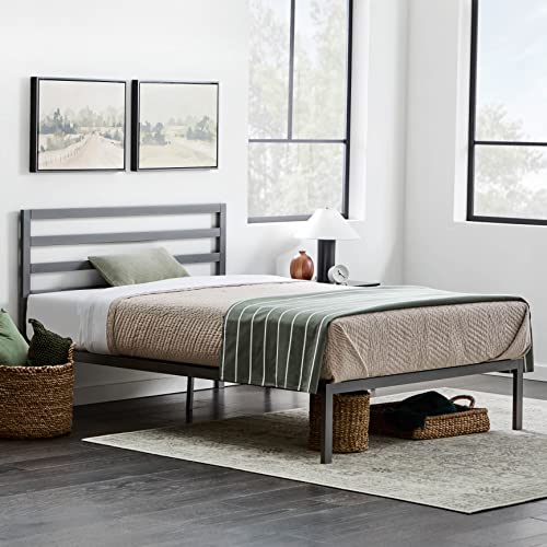 Edenbrook Cassidy Metal Platform Bed Frame with Metal Headboard - Box Spring Not Required - Wood Slat Support, Grey, Queen