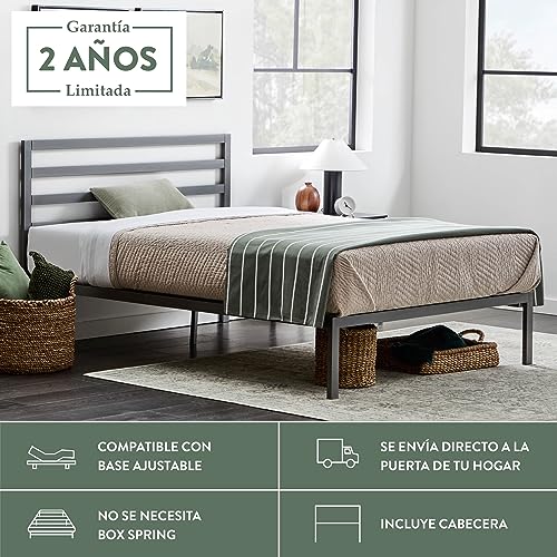 Edenbrook Cassidy Metal Platform Bed Frame with Metal Headboard - Box Spring Not Required - Wood Slat Support, Grey, Queen