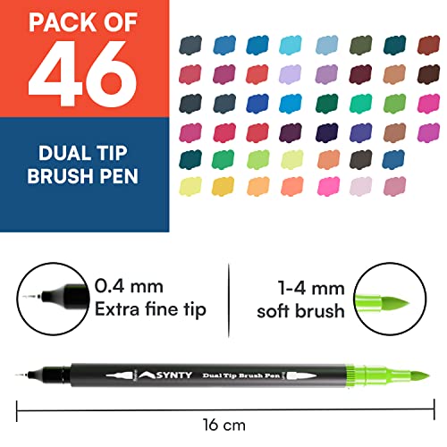 SYNTY 46 Brush Pens, Water-Based, Odourless & Leak Proof Dual Tip – Professional brush markers for Calligraphy, Lettering, Sketching & Drawing