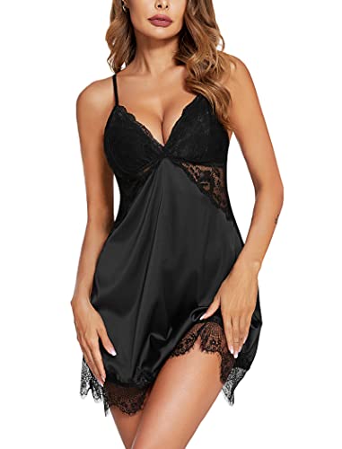 Avidlove Satin Nightgown for Women Silk Sleepwear Black Lingerie Night Gowns Women Large Plus Size (Black, XL)