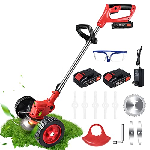 Cordless Weeder Mower Battery Powered 21V 2000mAh, Electric Weeder Brush Cutter, Height Adjustable Edge Trimmer Mini Mower 3-in-1 Cutting Tool, 8 Blades, 1 Wheel, 2 Batteries, 1 Charger