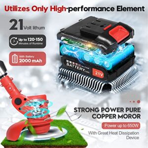 Cordless Weeder Mower Battery Powered 21V 2000mAh, Electric Weeder Brush Cutter, Height Adjustable Edge Trimmer Mini Mower 3-in-1 Cutting Tool, 8 Blades, 1 Wheel, 2 Batteries, 1 Charger