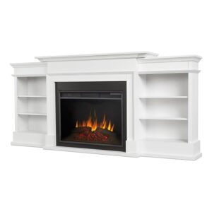 bowery hill contemporary electric wood fireplace mantel heater tv stand with remote control, adjustable led flame, 1500w in white