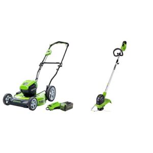 greenworks 40v 19" brushless lawn mower, string trimmer, 5.0ah usb battery and charger included
