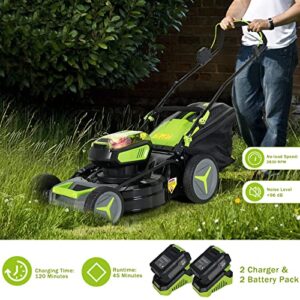 Goplus Cordless Lawn Mower, 18 Inch Electric Push Mower w/ 6 Adjustable Cutting Height, Brushless Motor, Two 4.0Ah Lithium Battery Packs & Chargers Included