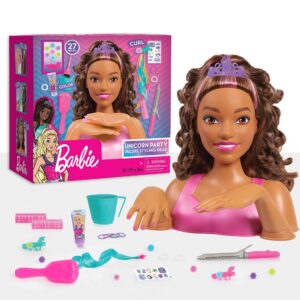 barbie unicorn party 27-piece deluxe styling head, brown hair, pretend play, kids toys for ages 5 up, amazon exclusive