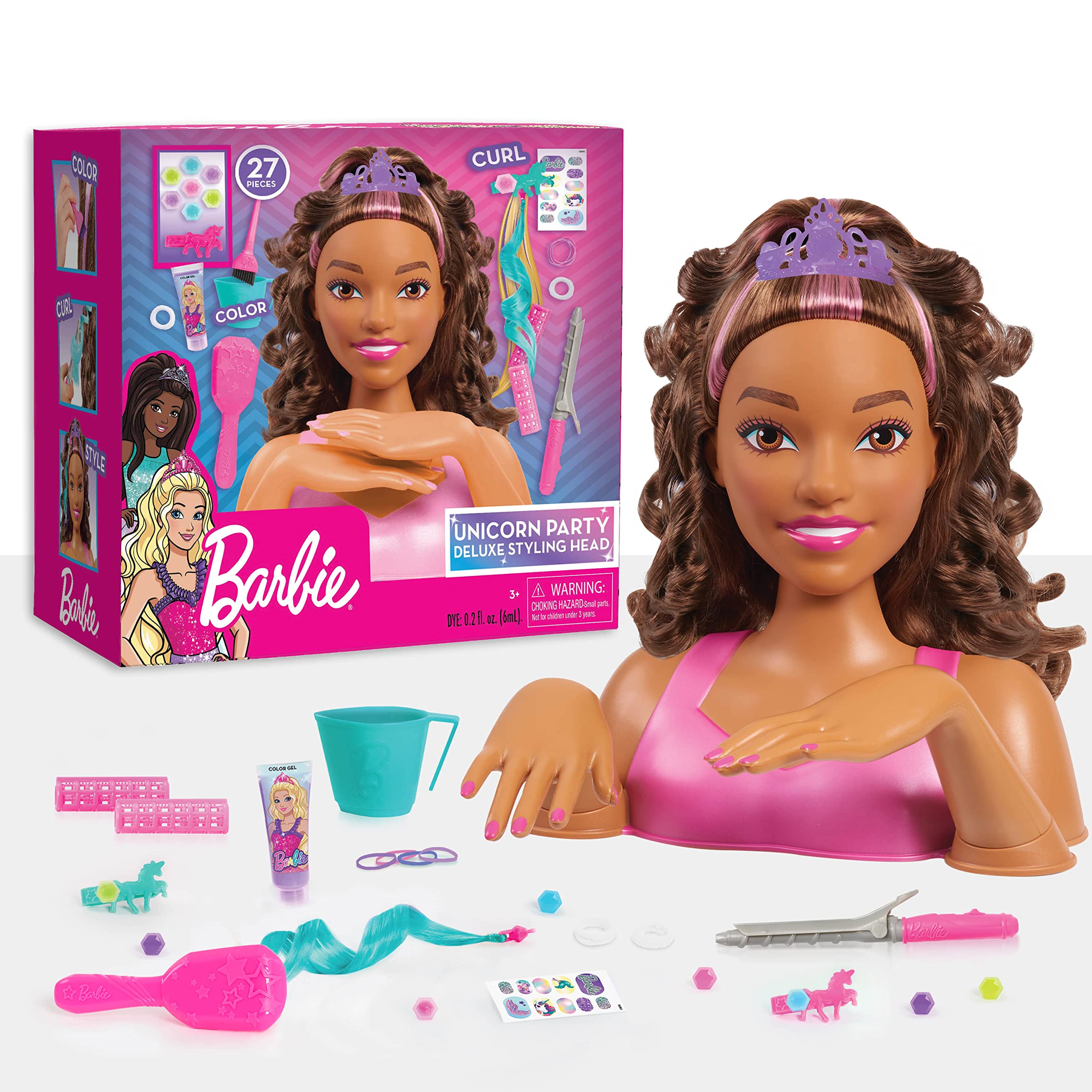 Barbie Unicorn Party 27-piece Deluxe Styling Head, Brown Hair, Pretend Play, Kids Toys for Ages 5 Up, Amazon Exclusive