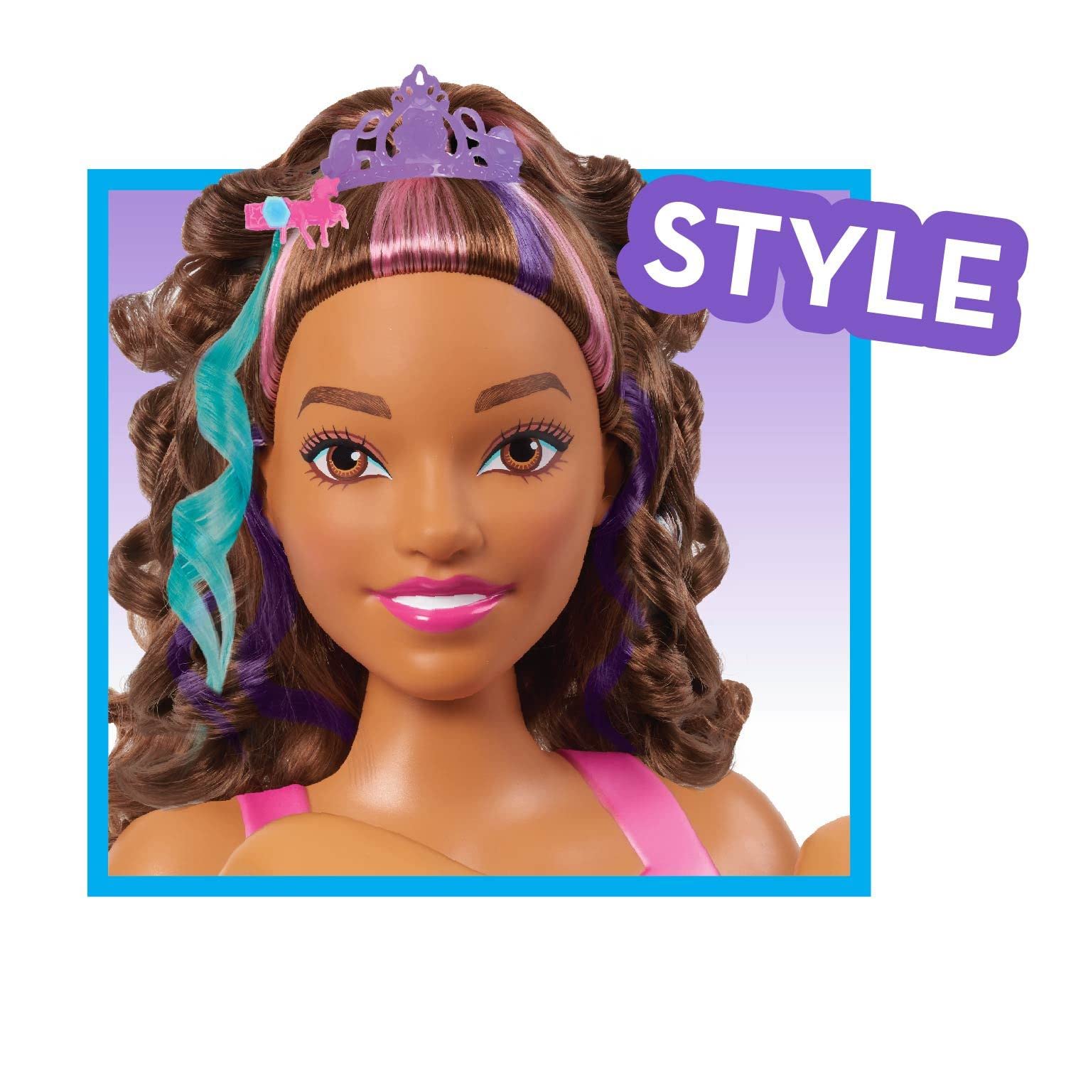 Barbie Unicorn Party 27-piece Deluxe Styling Head, Brown Hair, Pretend Play, Kids Toys for Ages 5 Up, Amazon Exclusive