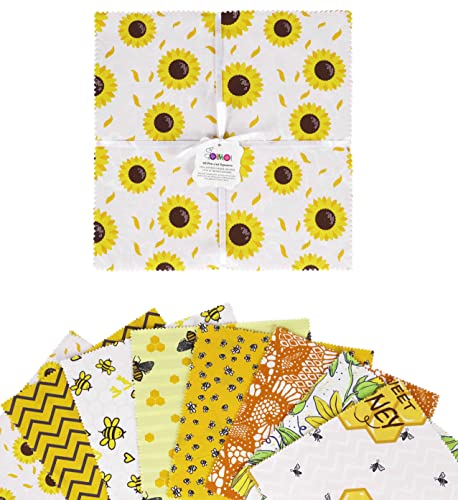 Soimoi Precut 10-inch Honey Bee Prints Cotton Fabric Bundle Quilting Squares Charm Pack DIY Patchwork Sewing Craft- White & Yellow